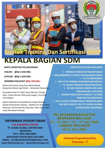 BIMTEK PEMBINAAN TRAINING DAN SERTIFIKASI KEPALA BAGIAN SDM  HR Manager  - Juli 2026 - KUOTA TERBATAS