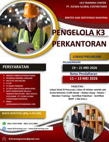 PENGELOLA K3 PERKANTORAN - LISENSI BNSP - TRAINING DAN SERTIFIKASI NASIONAL MEI 2026 PESERTA TERBATAS